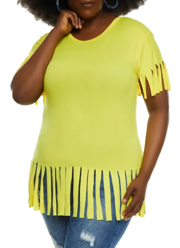 Plus Size Short Sleeve Fringe Hem T Shirt sold by Rainbow