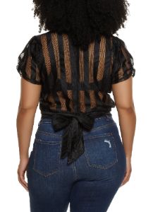 Plus Size Shadow Stripe Mesh Tie Back Top sold by Rainbow