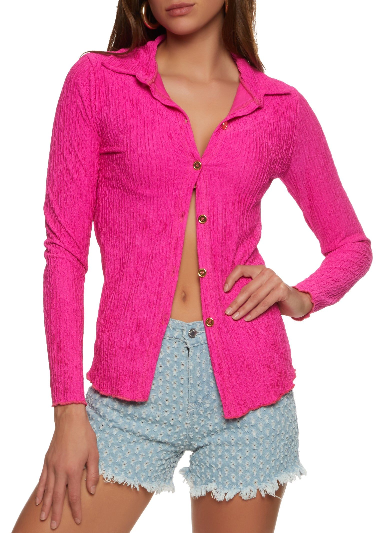 Textured Knit Button Front Long Sleeve Shirt sold by Rainbow