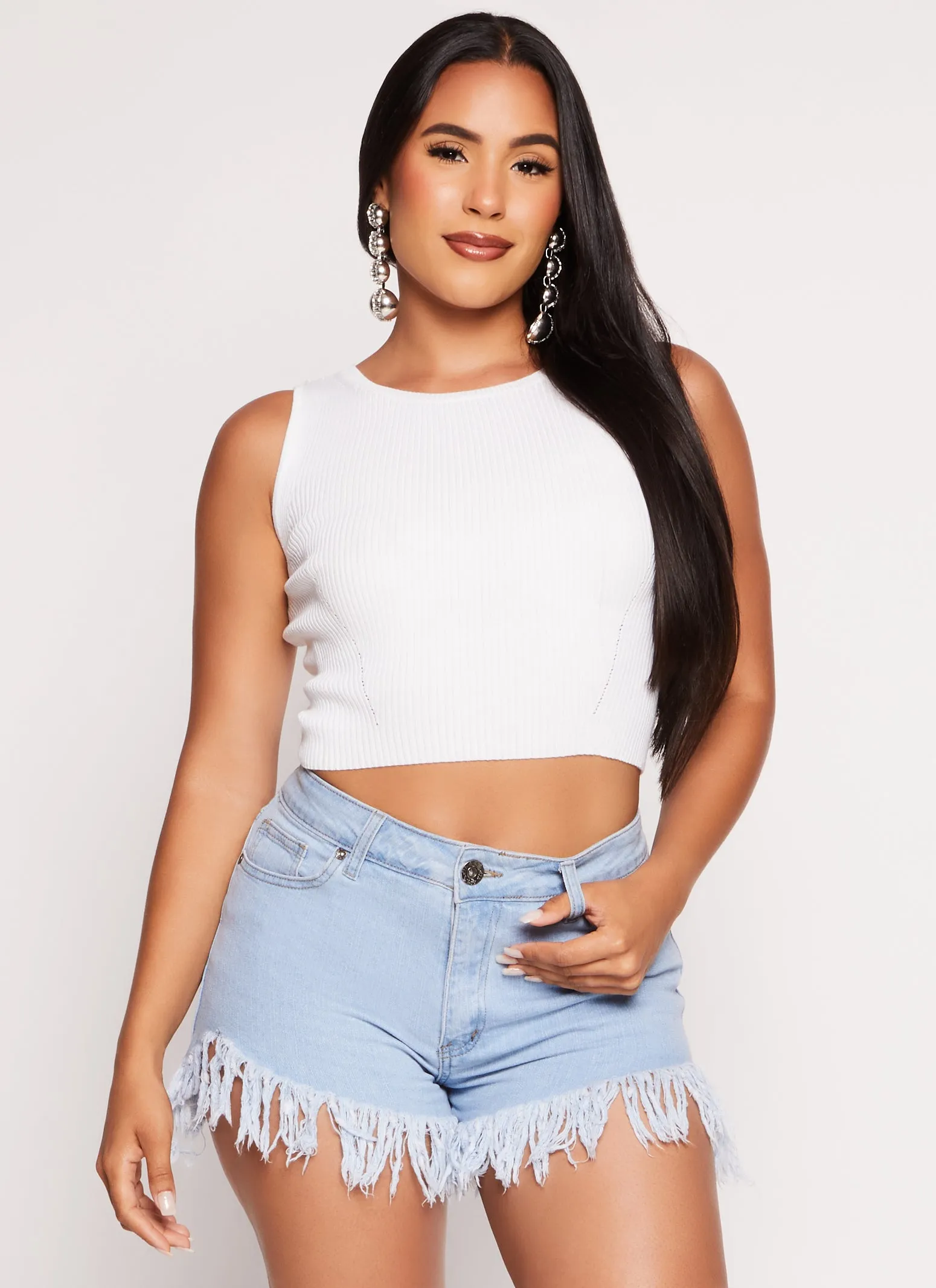 Ribbed Knit Crew Neck Cropped Tank Top sold by Rainbow