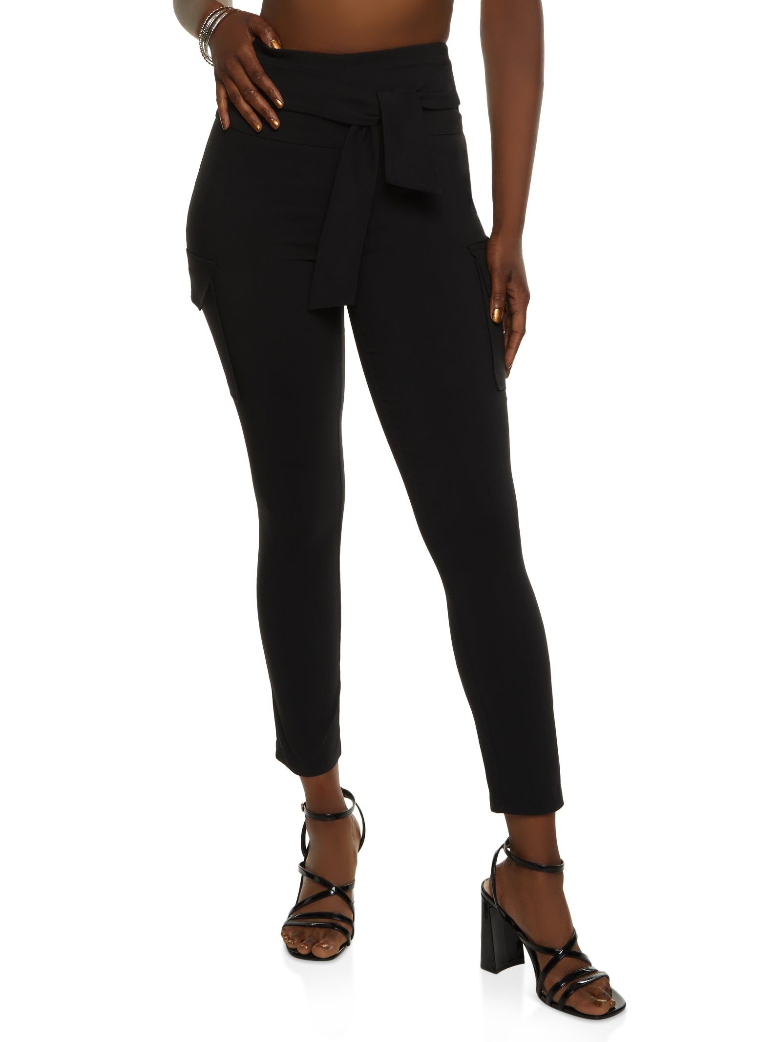 Crepe Knit Tie Waist Cargo Pocket Pants sold by Rainbow