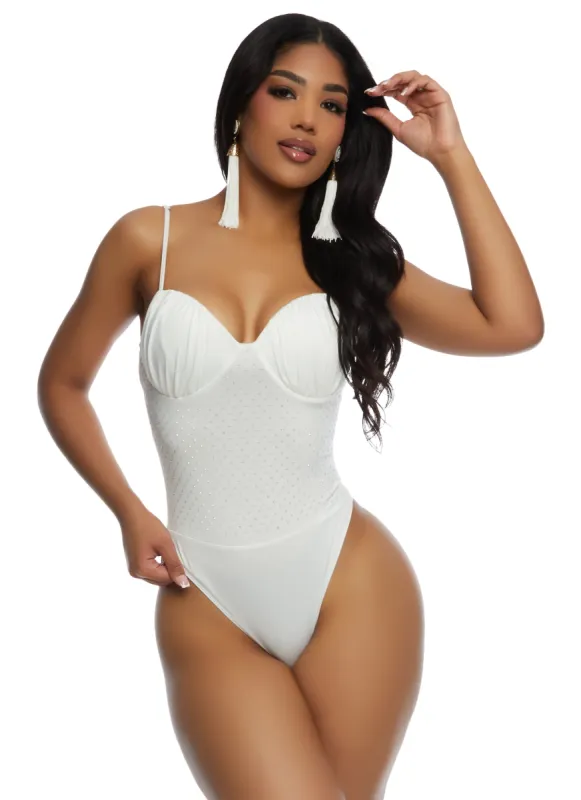 Ruched Rhinestone Bustier Bodysuit sold by Rainbow