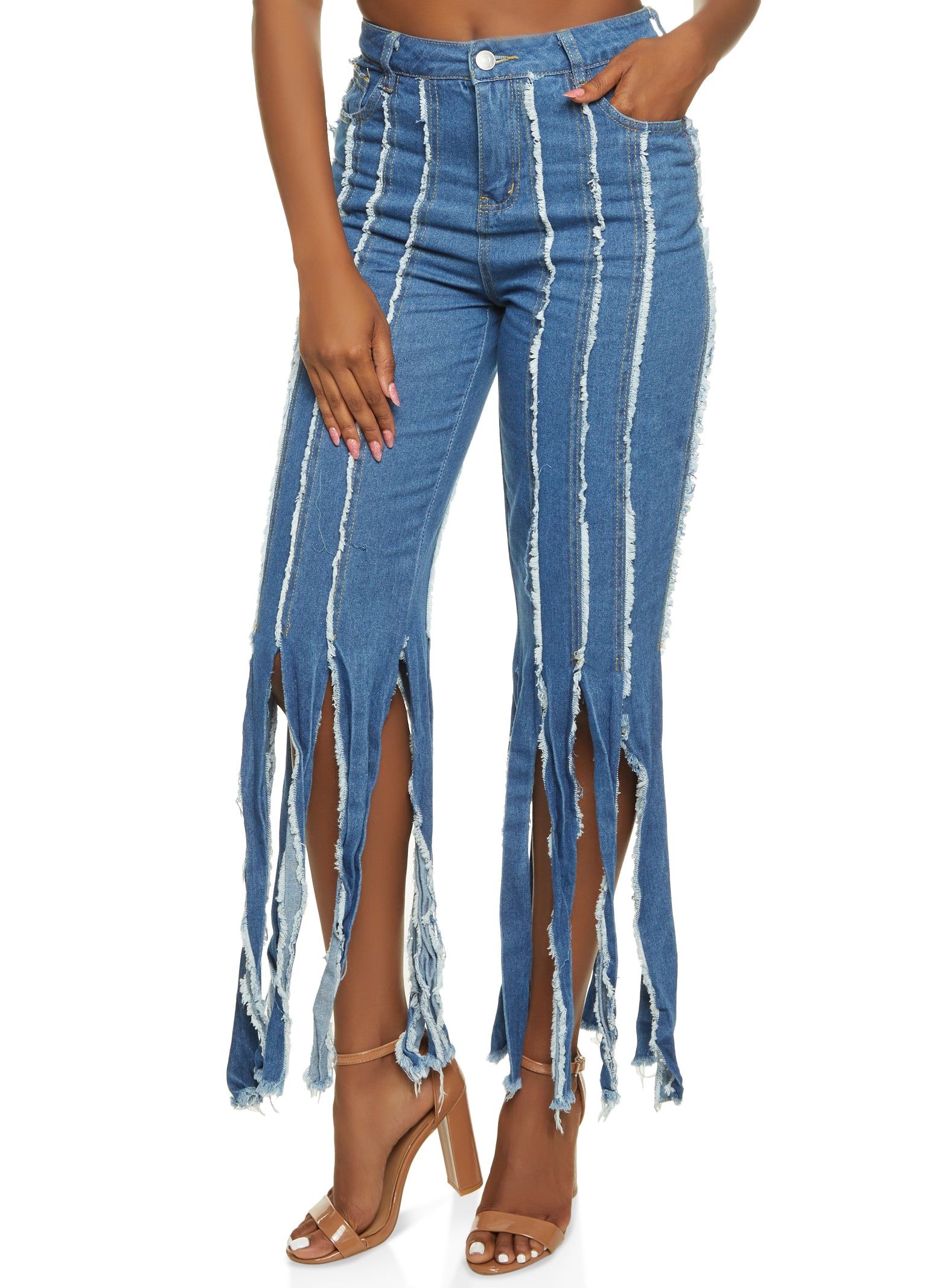 Frayed Fringe Hem Flare Jeans sold by Rainbow