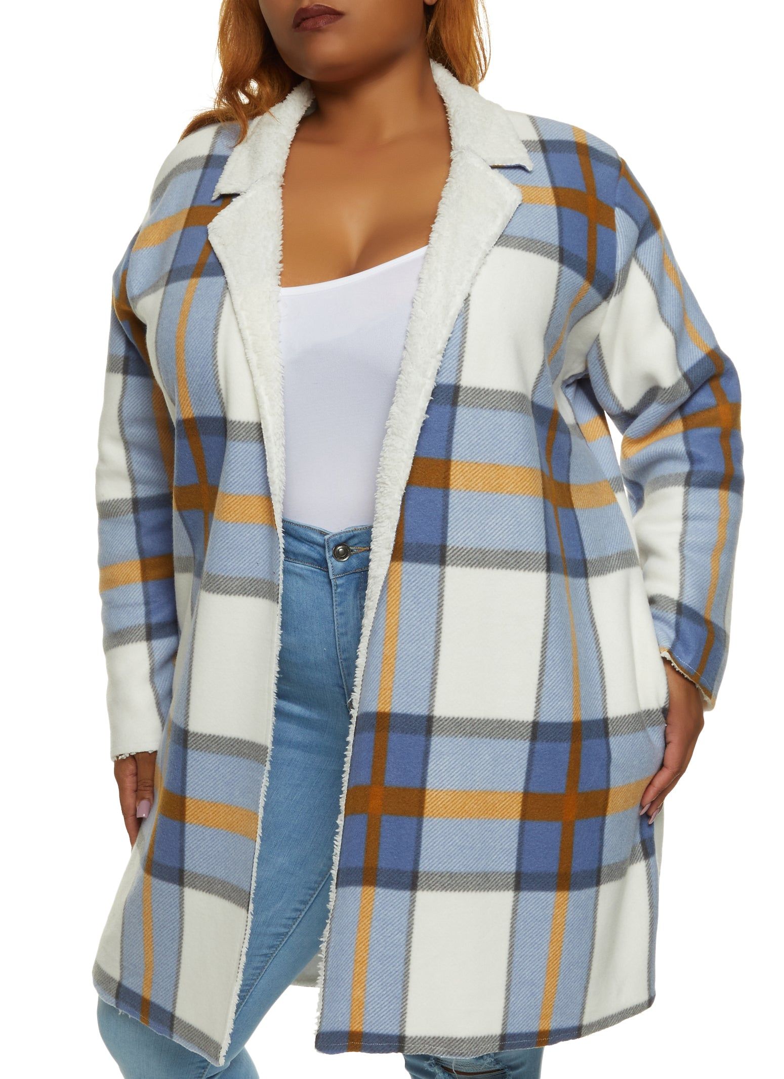 Plus Size Plaid Brushed Knit Sherpa Lined Coat sold by Rainbow