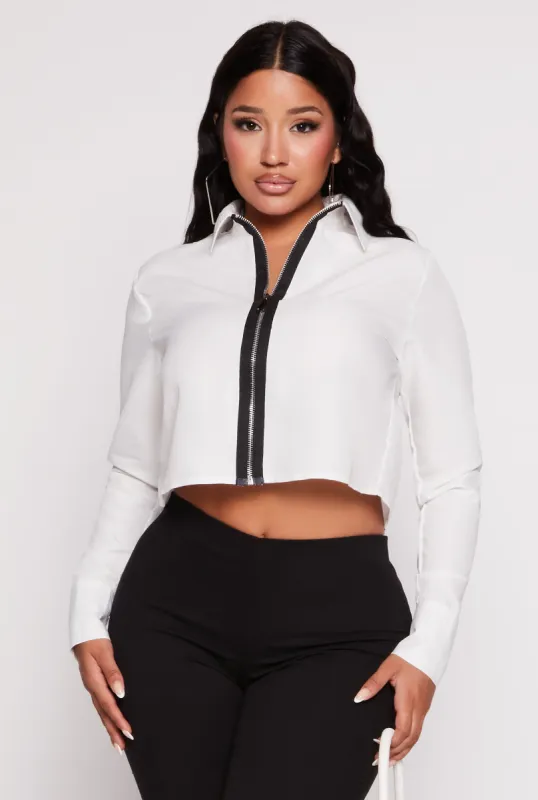 Solid Zip Front Cropped Shirt sold by Rainbow