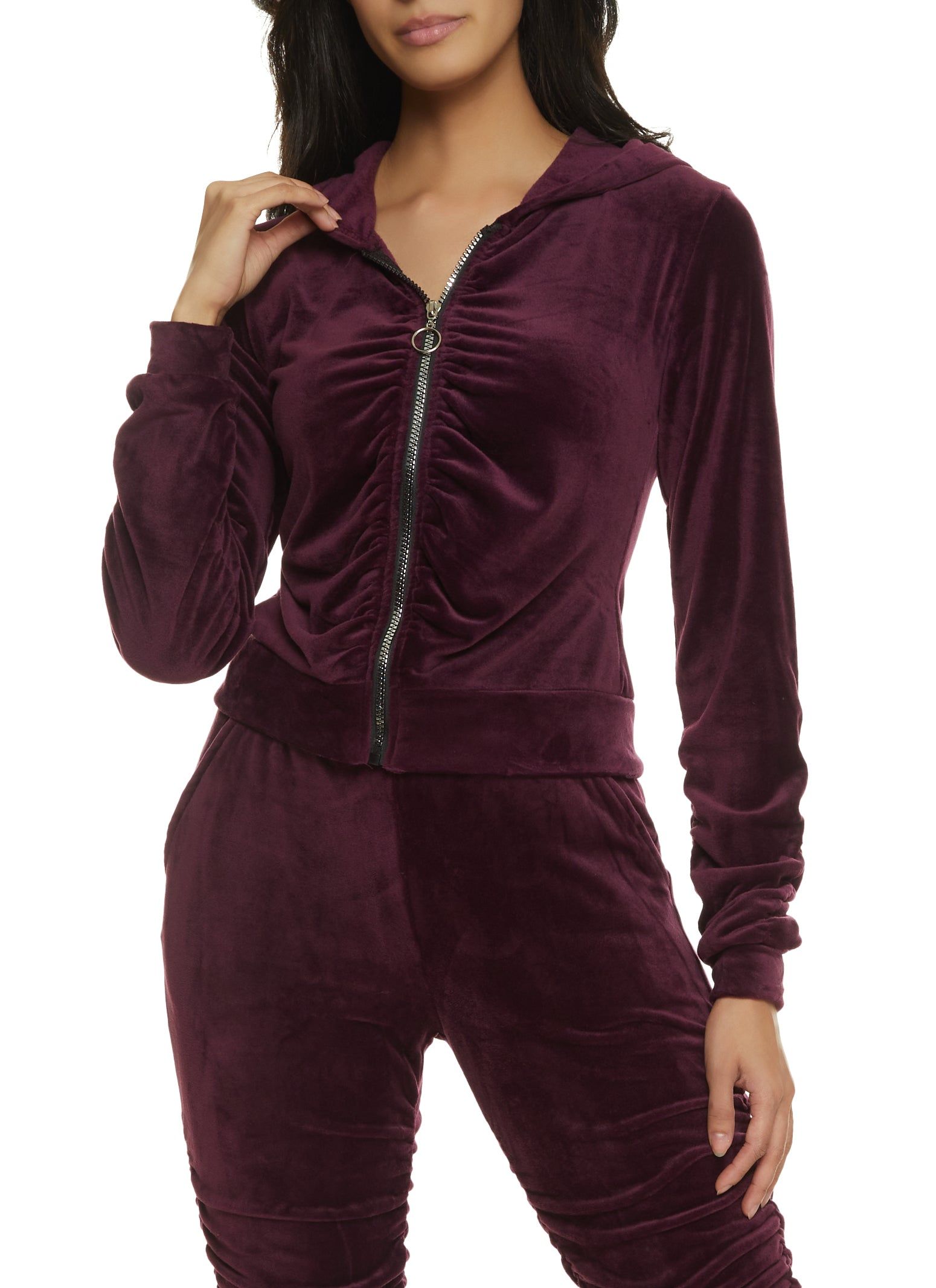 Solid Velour Ruched Zip Front Hoodie sold by Rainbow