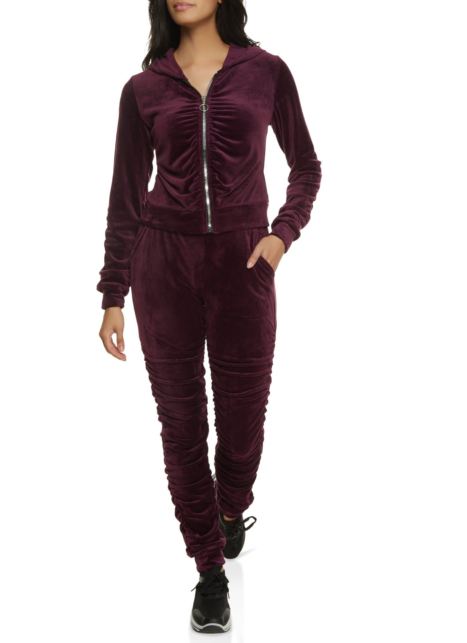 Solid Velour Ruched Zip Front Hoodie sold by Rainbow product image thumbnail 2