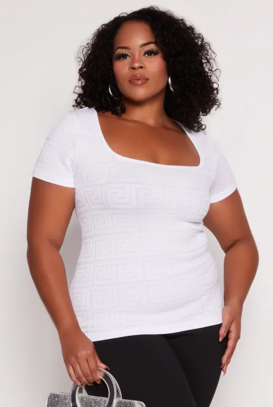 Plus Size Seamless Greek Key Square Neck Top sold by Rainbow