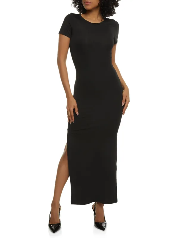 Crew Neck Side Slit Maxi Dress sold by Rainbow