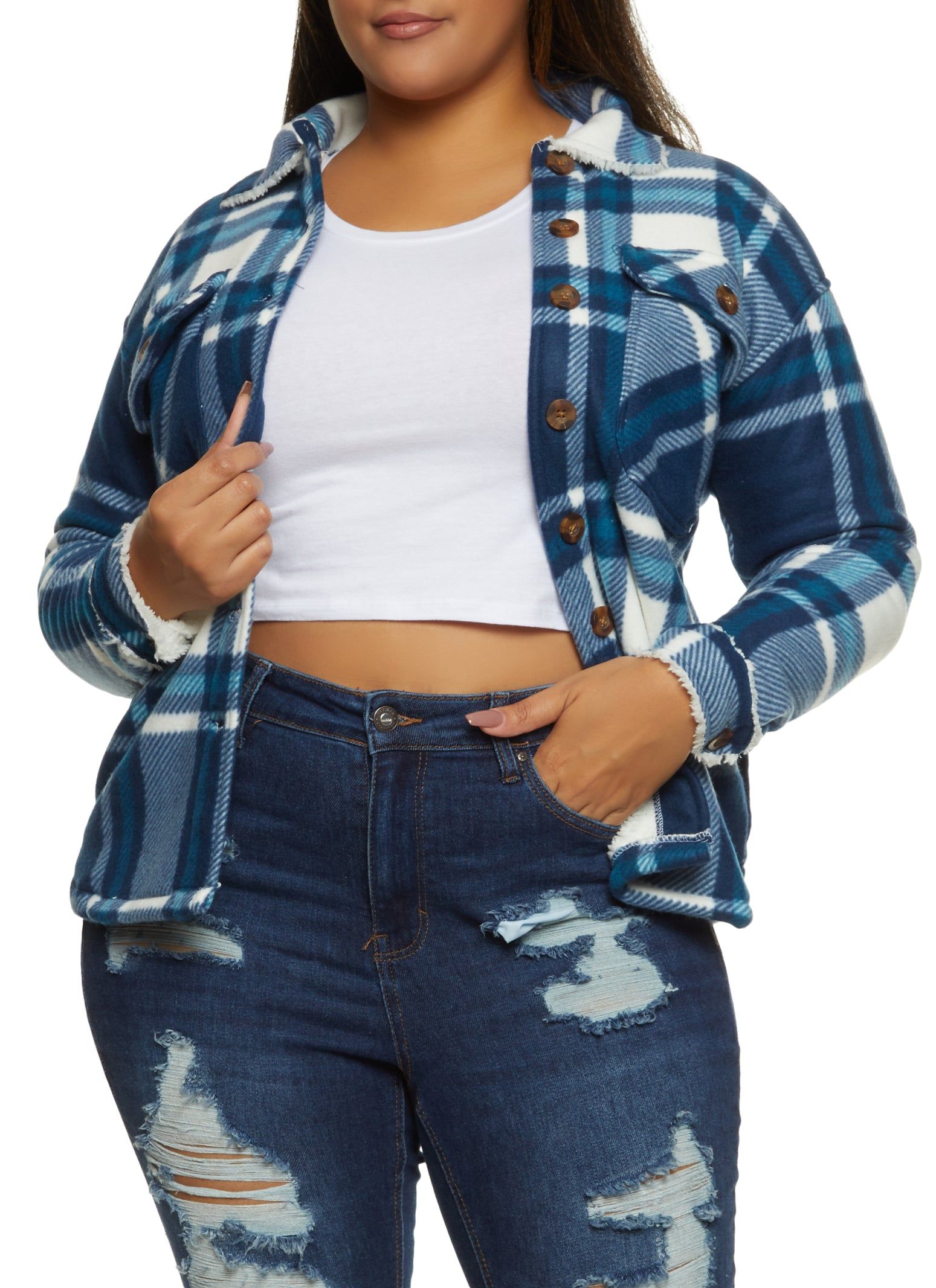 Plus Size Plaid Sherpa Fleece Shacket sold by Rainbow