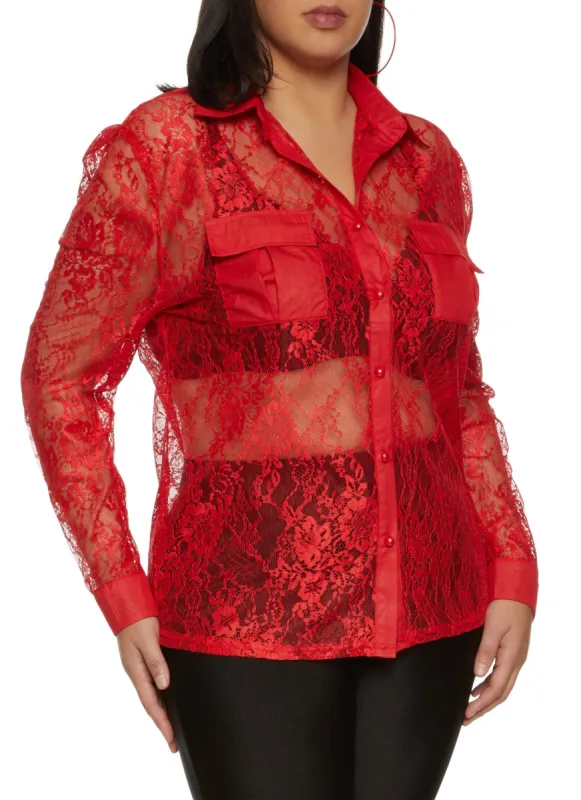 Plus Size Lace Button Down Shirt sold by Rainbow