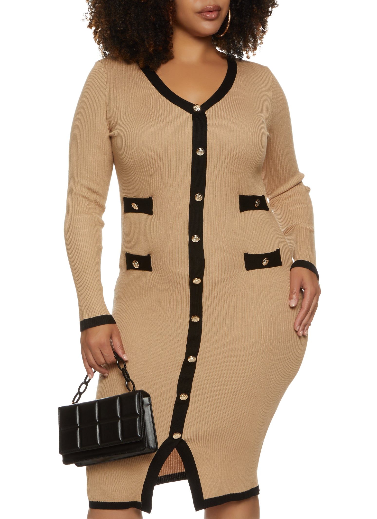 Plus Size Contrast Trim Faux Button Sweater Dress sold by Rainbow