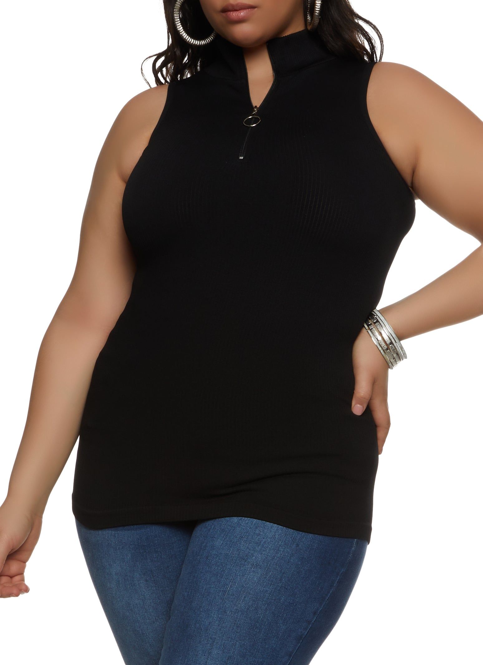 Plus Size Ribbed Sleeveless Zip Neck Top sold by Rainbow