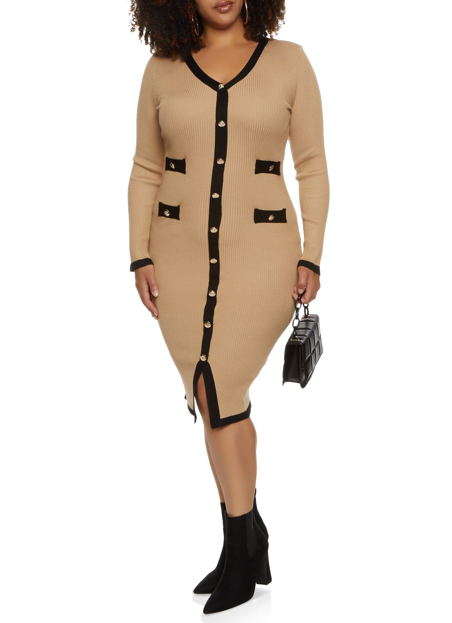 Plus Size Contrast Trim Faux Button Sweater Dress sold by Rainbow product image thumbnail 2