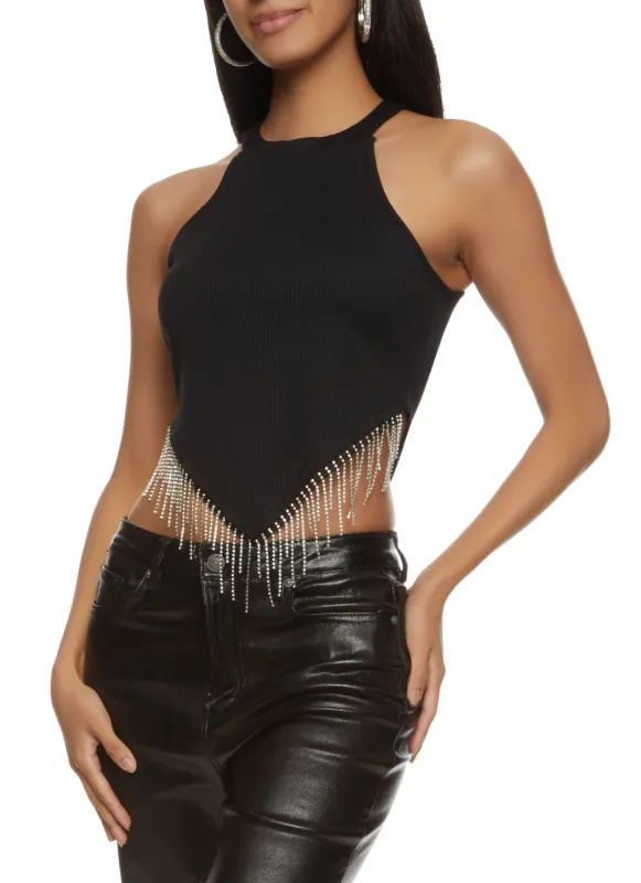 Rhinestone Fringe Hanky Hem Crop Top sold by Rainbow