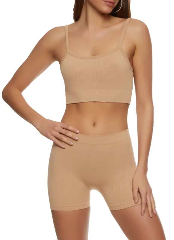 Ribbed Knit Cropped Cami with Biker Shorts Set sold by Rainbow