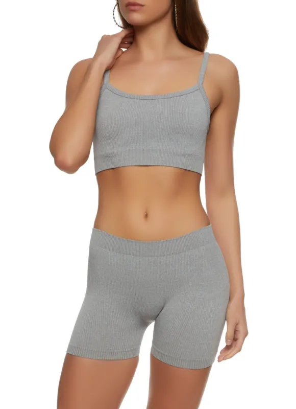 Ribbed Knit Cropped Cami with Biker Shorts Set sold by Rainbow