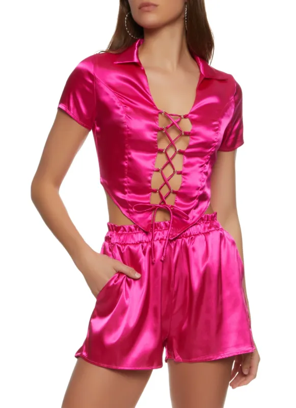 Satin Lace Up Front Top sold by Rainbow