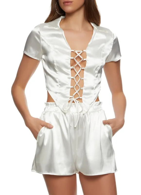 Satin Lace Up Front Top sold by Rainbow