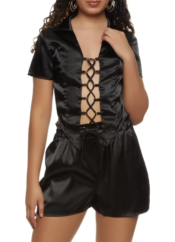 Satin Lace Up Front Top sold by Rainbow