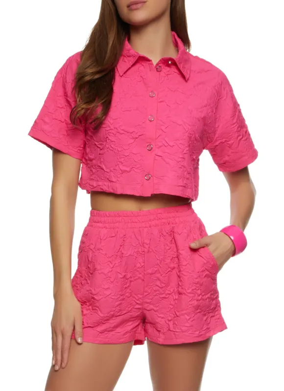 Textured Knit Floral Cropped Shirt sold by Rainbow