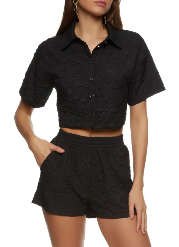 Textured Knit Floral Cropped Shirt sold by Rainbow