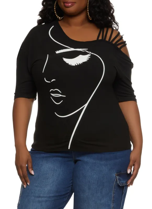 Plus Size Face Graphic Strappy One Shoulder Tee sold by Rainbow