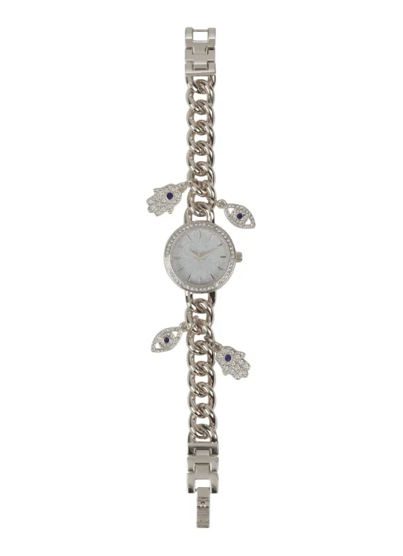 Hamsa Hand Evil Eye Charm Bracelet Analog Watch made by Rainbow