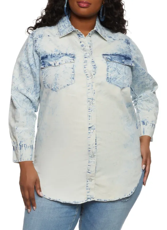 Plus Size Acid Wash Button Front Tunic Shirt sold by Rainbow