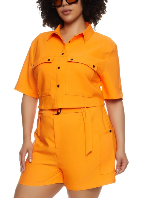 Plus Size Snap Button Front Cropped Shirt sold by Rainbow