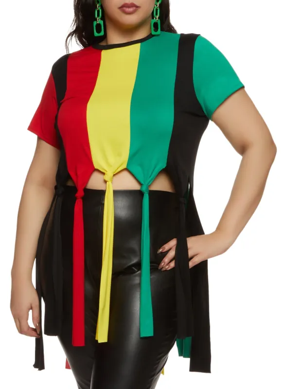 Plus Size Color Block Knotted Fringe Tee sold by Rainbow