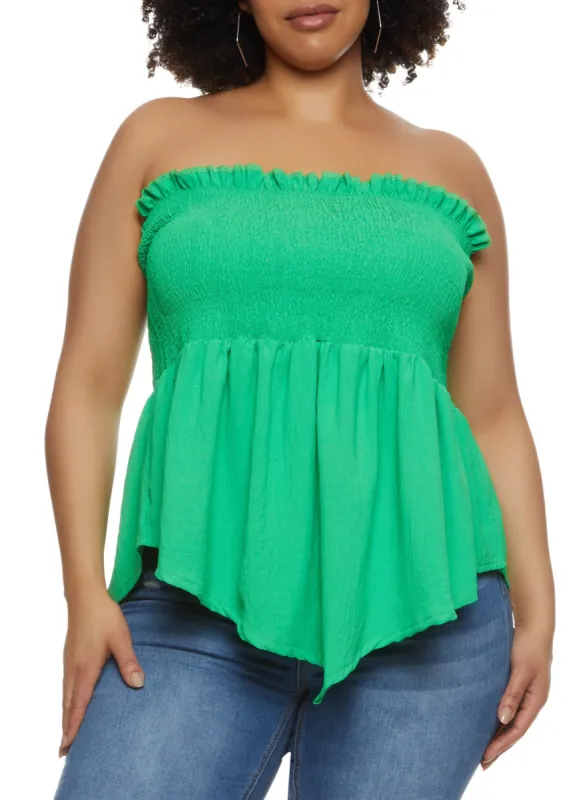 Plus Size Hanky Hem Smocked Strapless Top sold by Rainbow