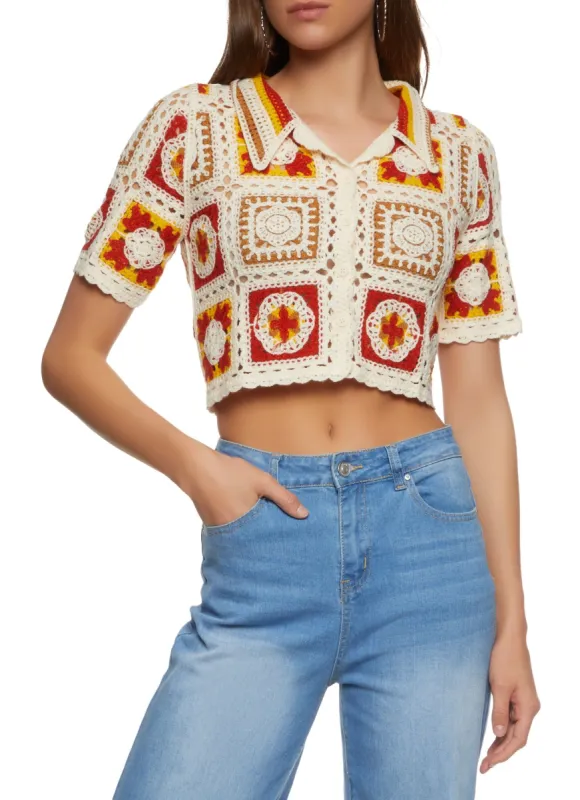 Patterned Crochet Cropped Button Front Shirt sold by Rainbow