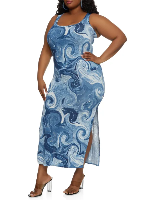 Plus Size Marble Print Side Slit Tank Maxi Dress sold by Rainbow