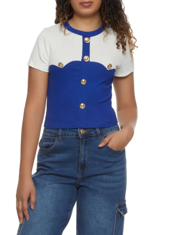 Ribbed Color Block Button Detail Crop Top sold by Rainbow