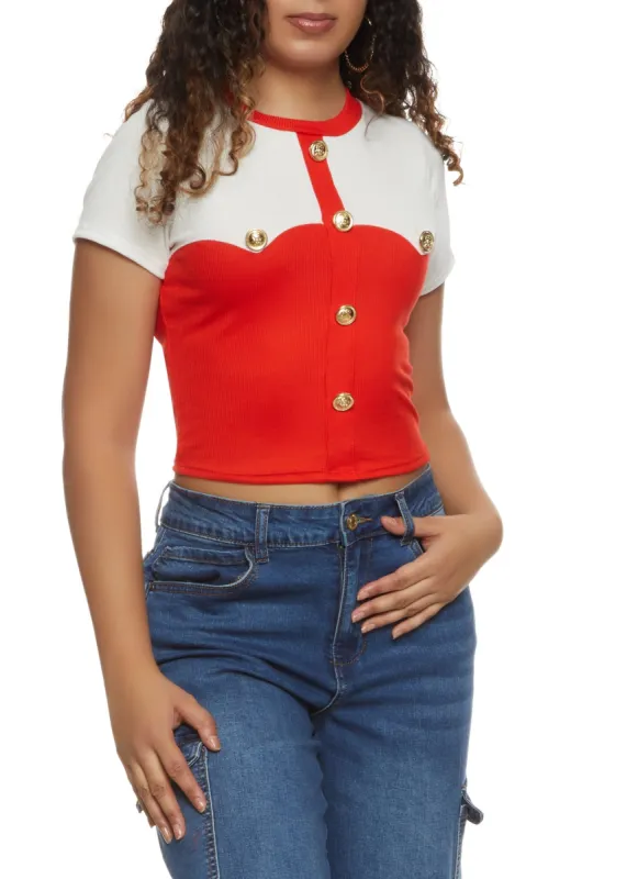 Ribbed Color Block Button Detail Crop Top sold by Rainbow