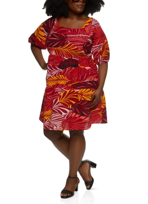 Plus Size Linen Tropical Print Bubble Sleeve Tiered Dress sold by Rainbow