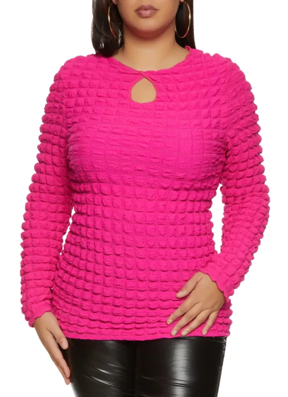 Plus Size Bubble Knit Keyhole Long Sleeve Top sold by Rainbow