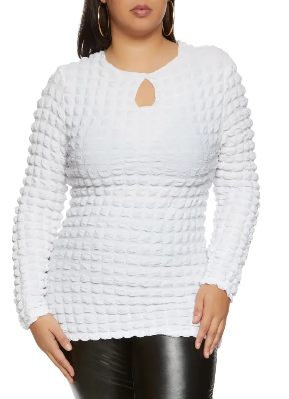 Plus Size Bubble Knit Keyhole Long Sleeve Top sold by Rainbow