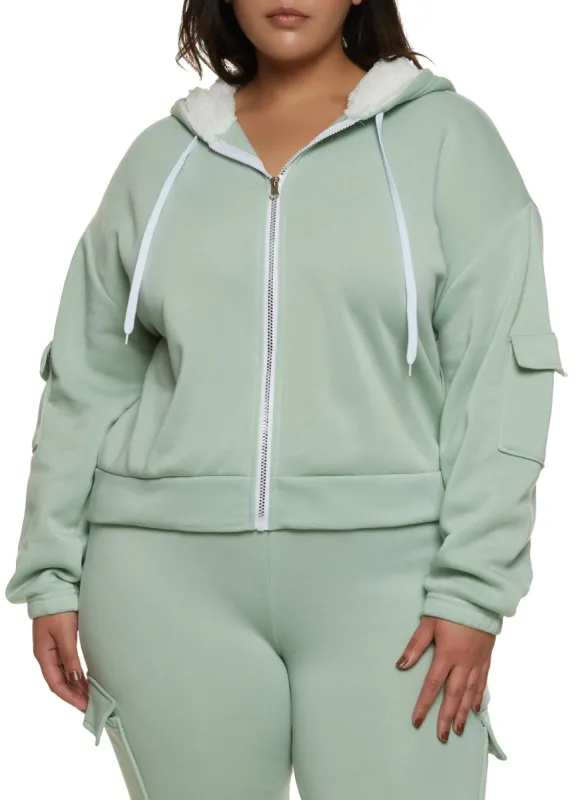 Plus Size Cargo Pocket Sleeve Zip Front Hoodie sold by Rainbow