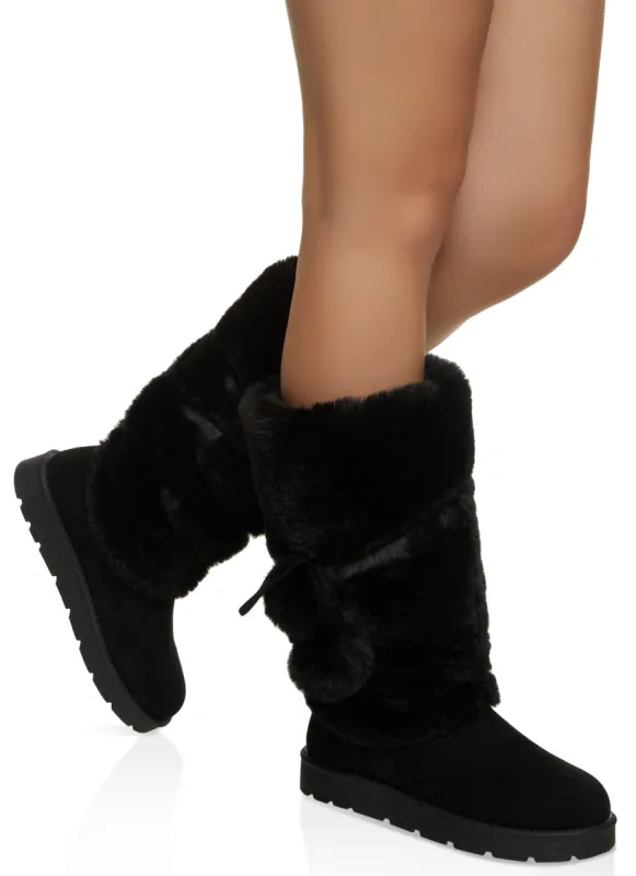 Solid Faux Fur Pom Pom Tall Boots sold by Rainbow
