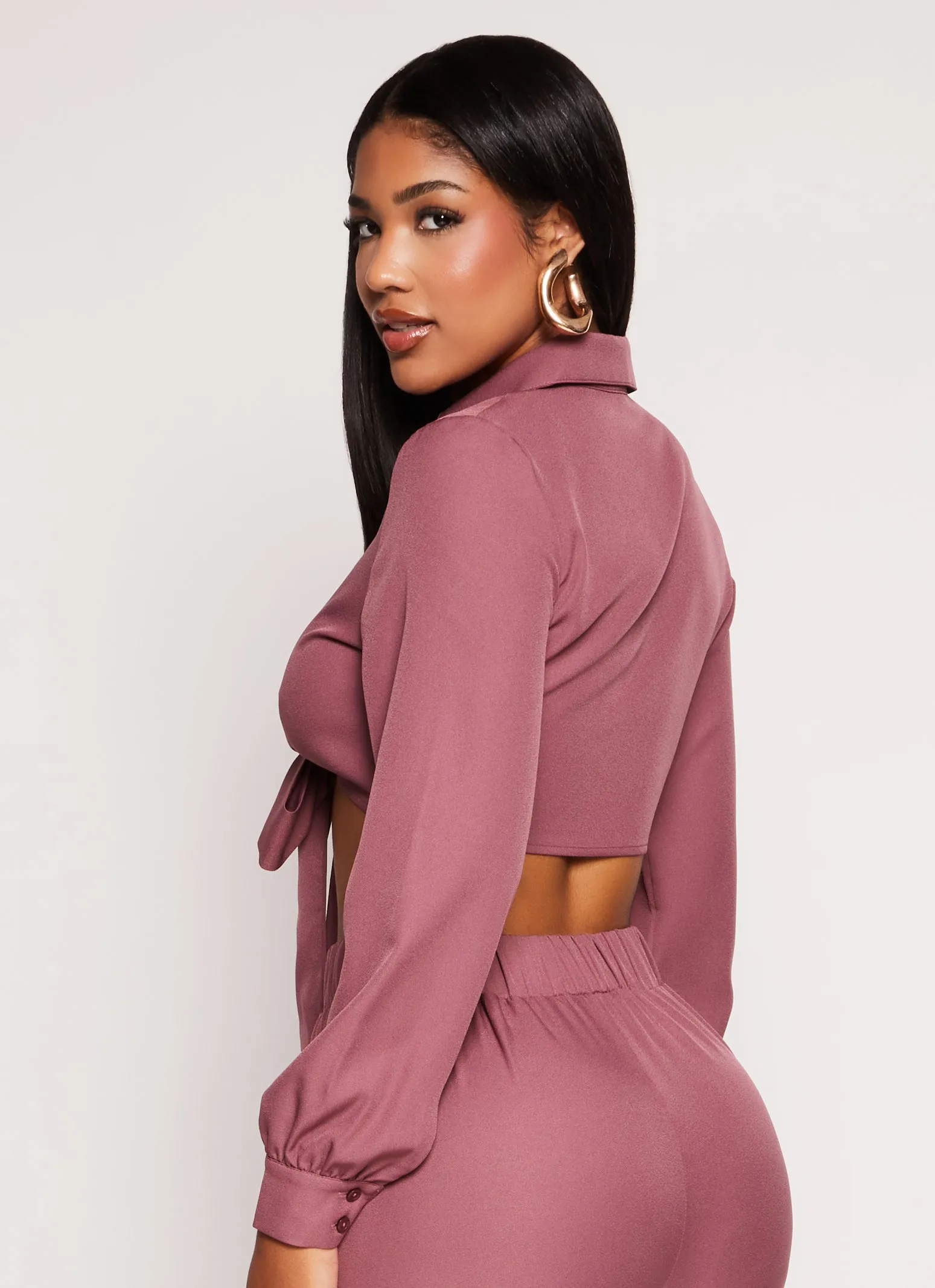 Crepe Knit Long Sleeve Tie Front Crop Top sold by Rainbow product image thumbnail 3