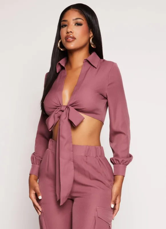 Crepe Knit Long Sleeve Tie Front Crop Top sold by Rainbow