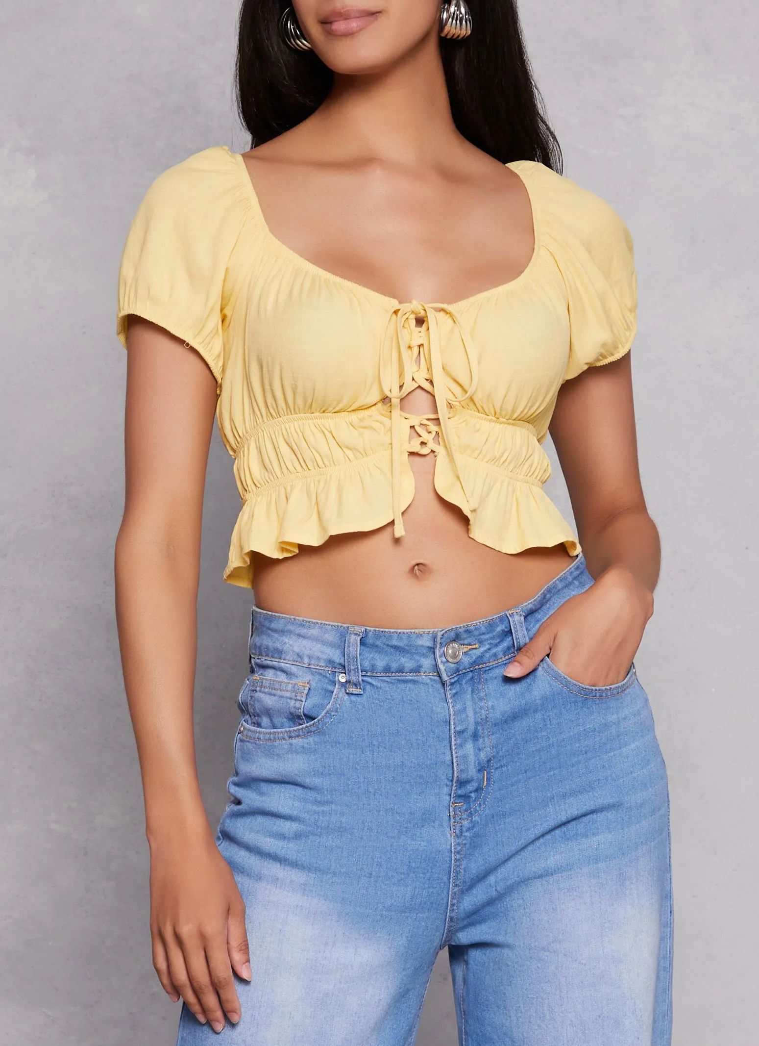 Linen Tie Front Peasant Top sold by Rainbow