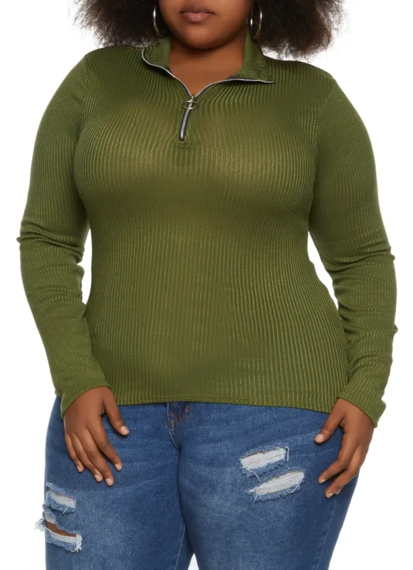 Plus Size Ribbed Knit Half Zip Top sold by Rainbow