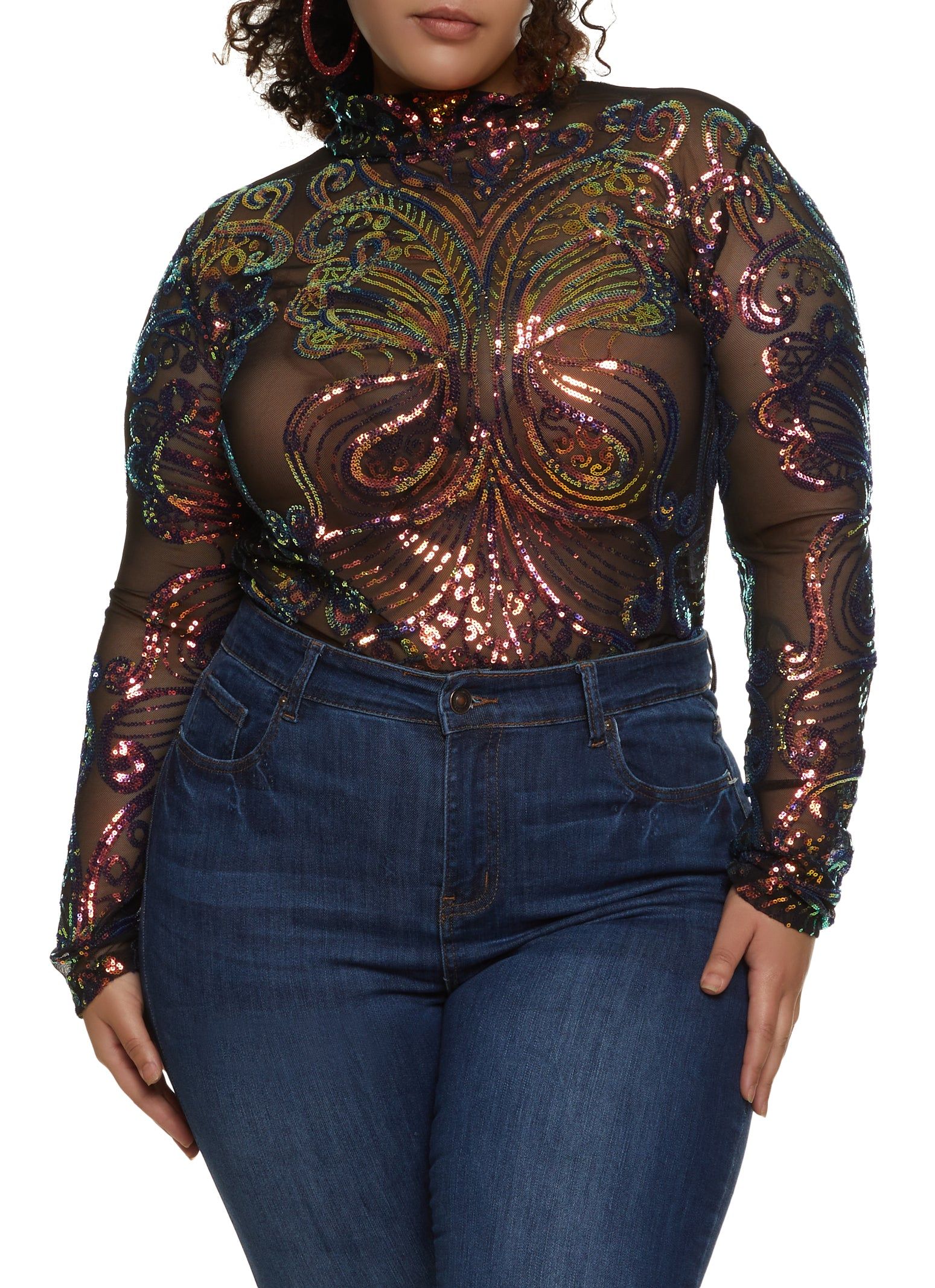 Plus Size Mesh Sequin Printed Bodysuit sold by Rainbow product image thumbnail 2