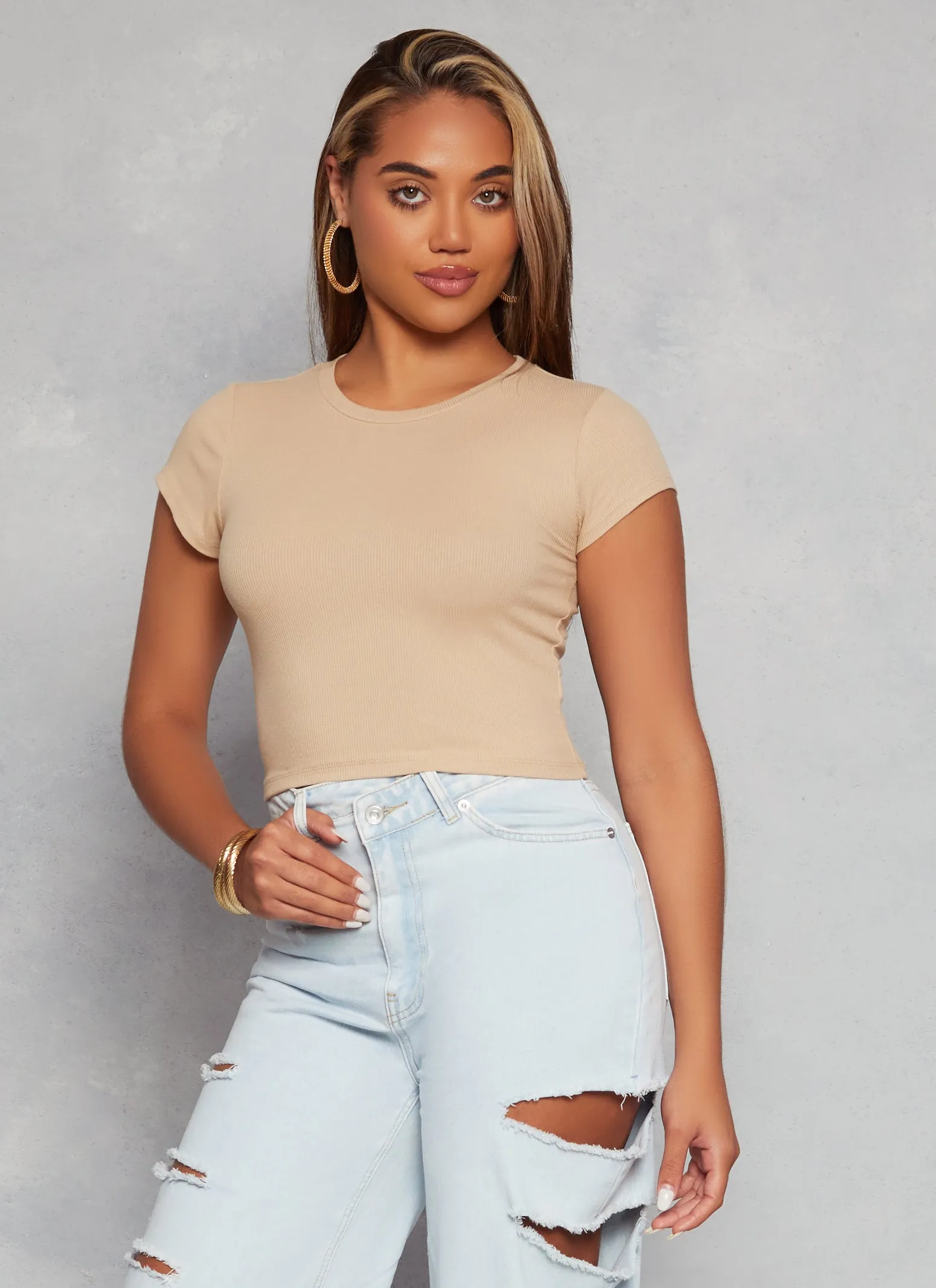 Ambiance Ribbed Knit Crew Neck Crop Top sold by Rainbow