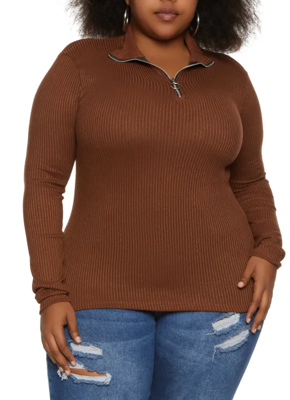 Plus Size Ribbed Knit Half Zip Top sold by Rainbow