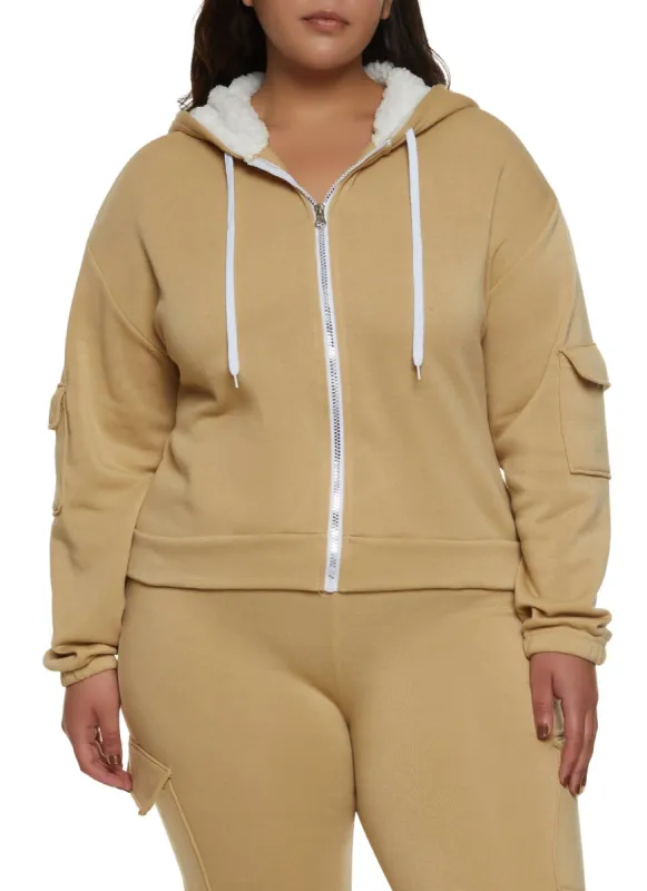 Plus Size Cargo Pocket Sleeve Zip Front Hoodie sold by Rainbow