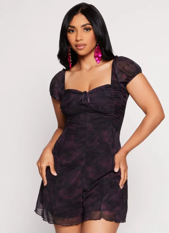 Mesh Floral Print Ruched Peasant Romper sold by Rainbow